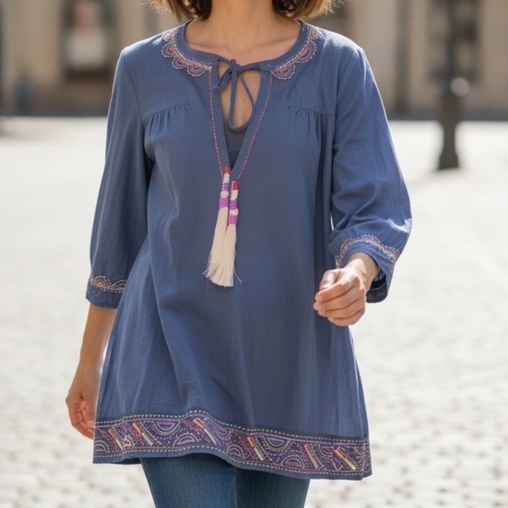 Solitaire Navy Blue Embroidered Cotton Tunic Top Tassel Tie Neck Small